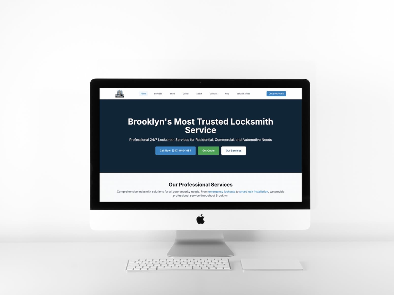 Brooklyn Lock Experts-ის ვებსაიტის მთავარი გვერდი დესკტოპის ეკრანზე, ბრუკლინში მოქმედი ლოქსმიტის კომპანიისთვის